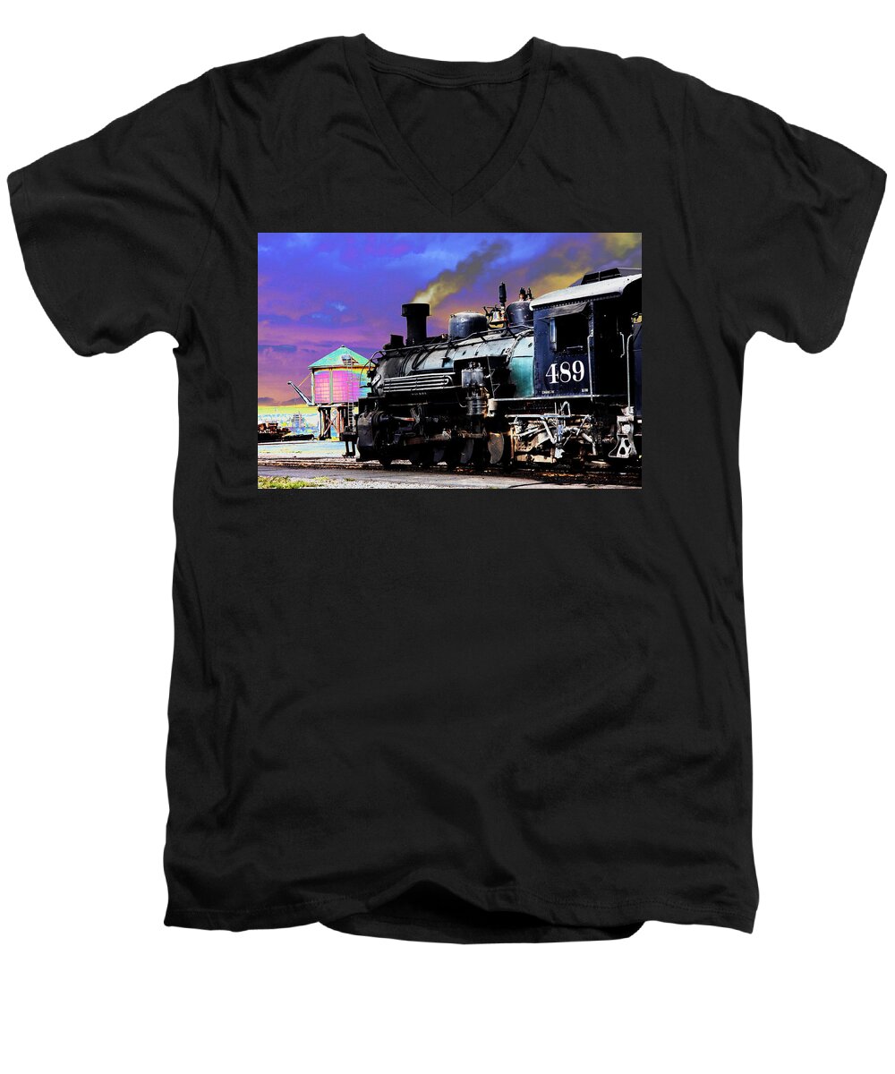 Steven Bateson Men's V-Neck T-Shirt featuring the photograph Train 489 by Steven Bateson