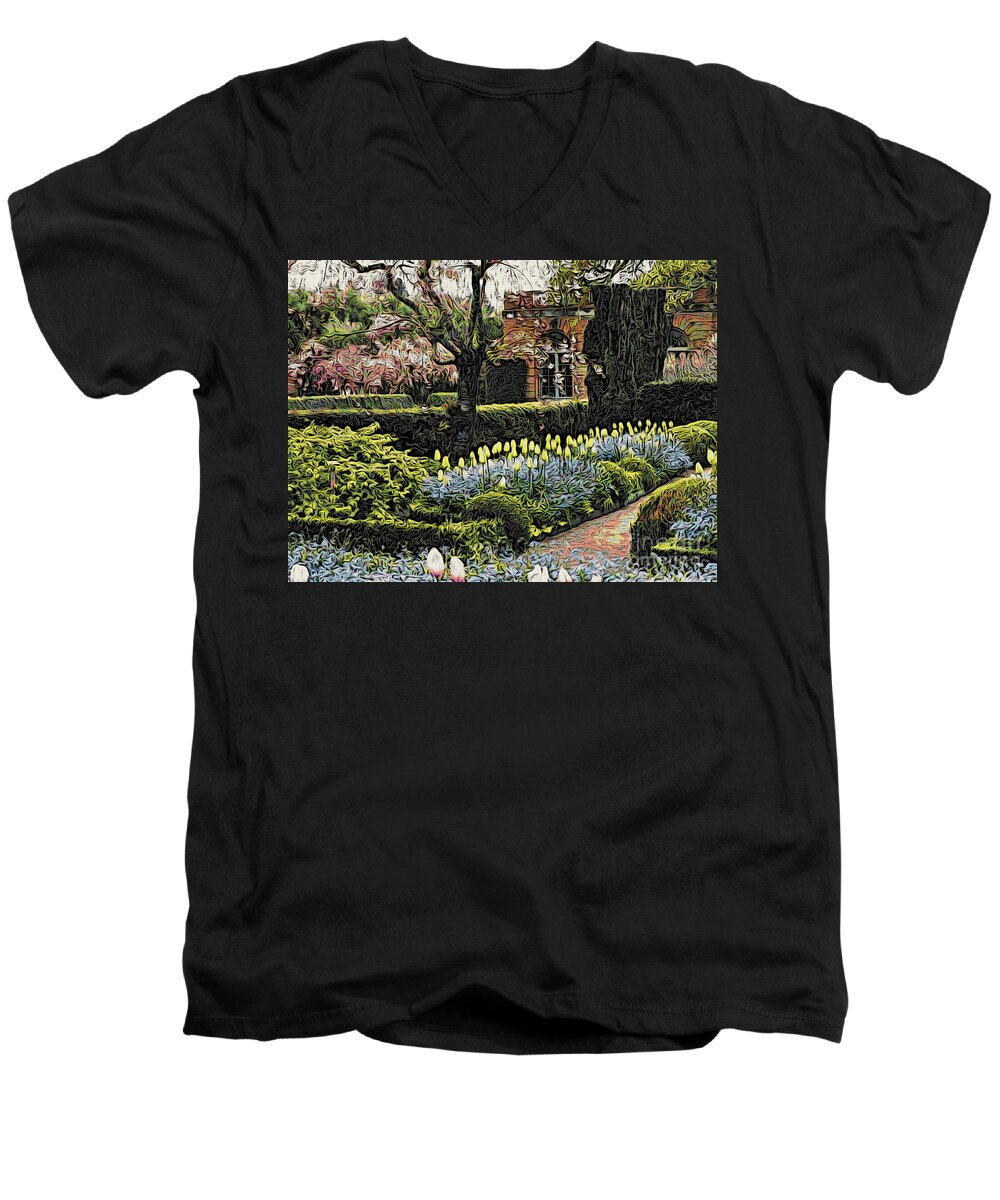 Tulips Men's V-Neck T-Shirt featuring the photograph Tranquil Garden by Jacklyn Duryea Fraizer