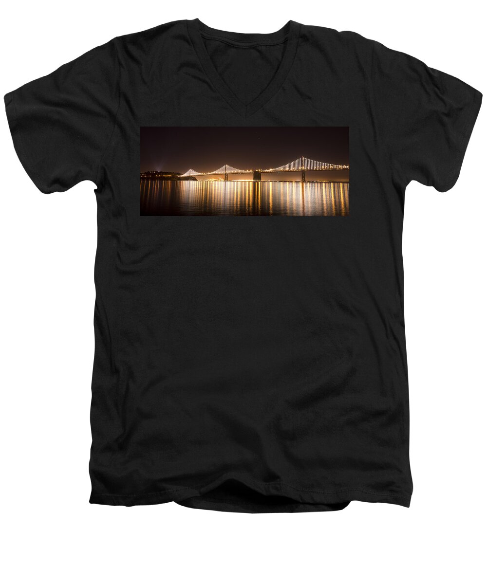 San Francisco Men's V-Neck T-Shirt featuring the photograph Treasure Island Bay Lights by Bryant Coffey