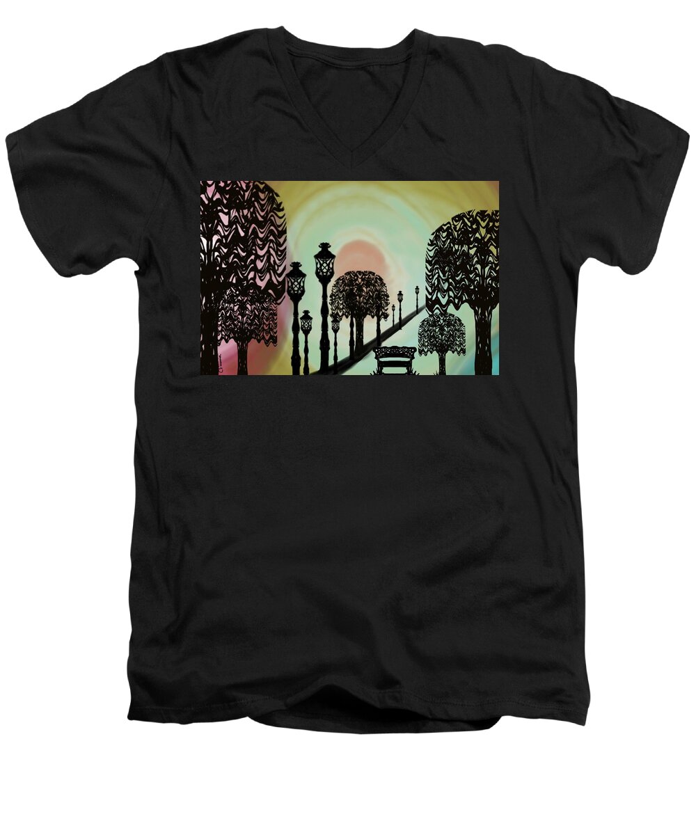 Abstract Men's V-Neck T-Shirt featuring the digital art Trees of Lights by Christine Fournier
