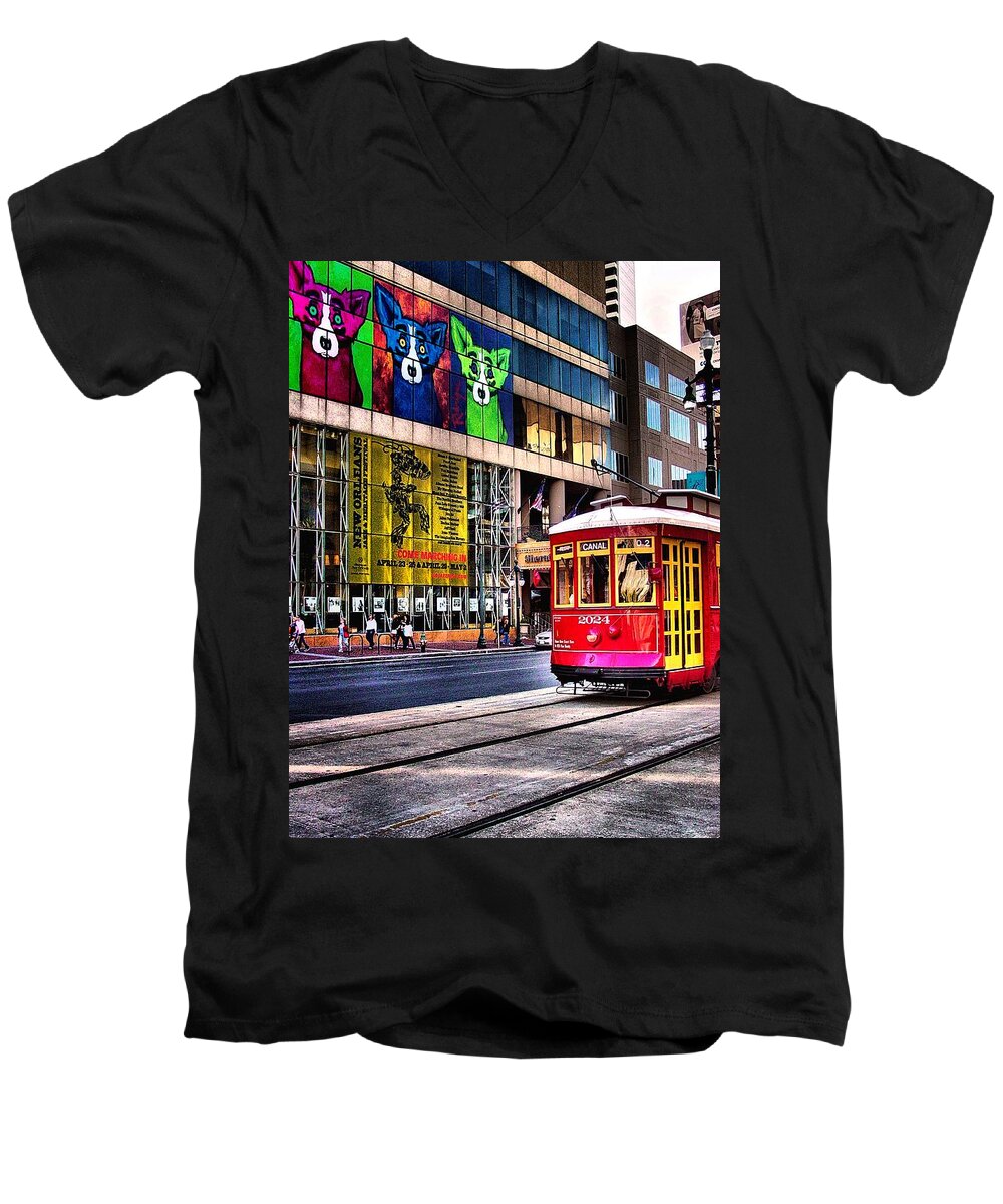 Trolley Men's V-Neck T-Shirt featuring the photograph Trolley Time by Robert McCubbin