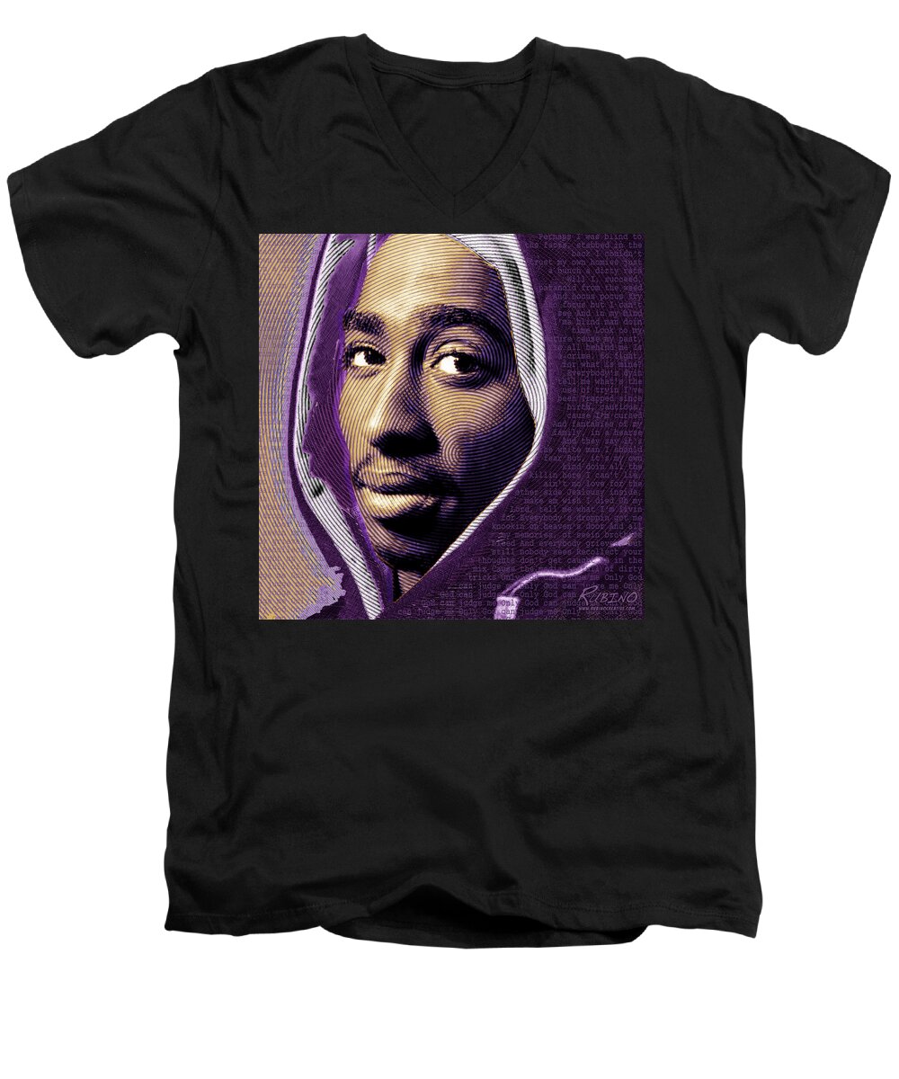 Tupac Shakur Men's V-Neck T-Shirt featuring the painting Tupac Shakur and Lyrics by Tony Rubino