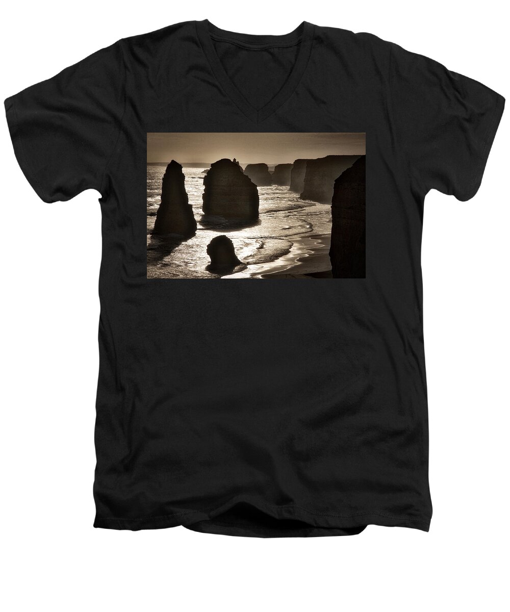 Australia Men's V-Neck T-Shirt featuring the photograph Twelve Apostles #3 - Black and White by Stuart Litoff