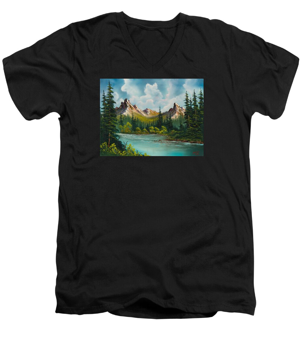 Landscape Men's V-Neck T-Shirt featuring the painting Twin Peaks River by Chris Steele