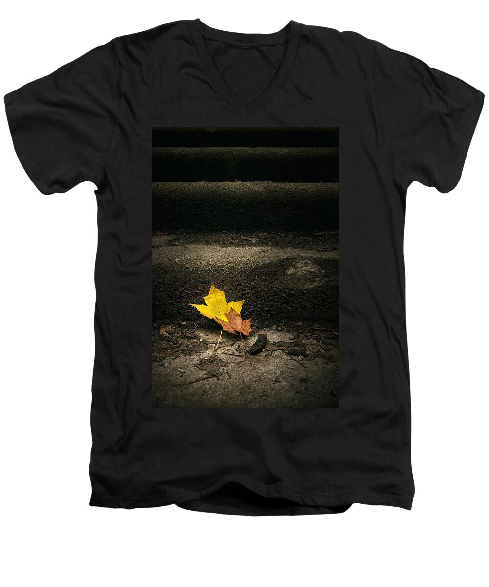 Leaf Men's V-Neck T-Shirt featuring the photograph Two Leaves on a Staircase by Scott Norris