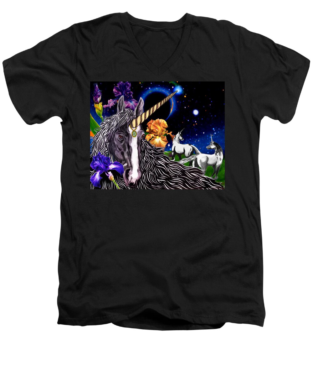 Fantasy Men's V-Neck T-Shirt featuring the mixed media Unicorn Dream by Anthony Seeker