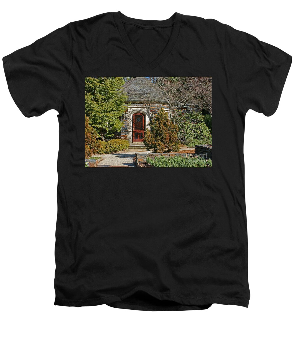 Duke Gardens Men's V-Neck T-Shirt featuring the photograph Up the Path Through the Door by Sandra Clark