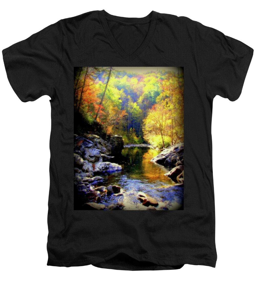 Smokey Mountains Men's V-Neck T-Shirt featuring the photograph Upstream by Karen Wiles