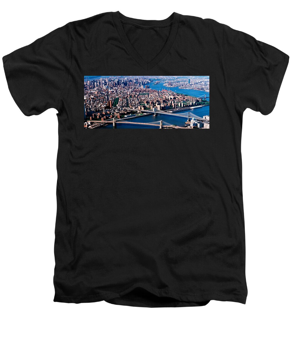 Photography Men's V-Neck T-Shirt featuring the photograph Usa, New York, Brooklyn Bridge, Aerial by Panoramic Images