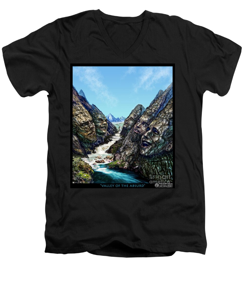 Expain Men's V-Neck T-Shirt featuring the mixed media Valley of the Absurd by Tony Koehl