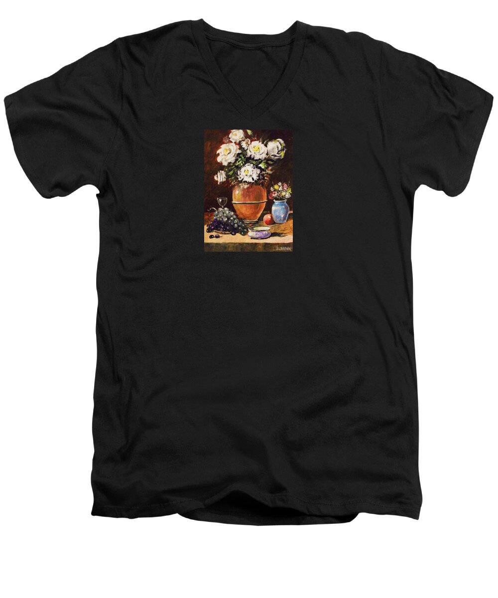 Still Life Men's V-Neck T-Shirt featuring the painting Vase of Flowers and Fruit by Al Brown
