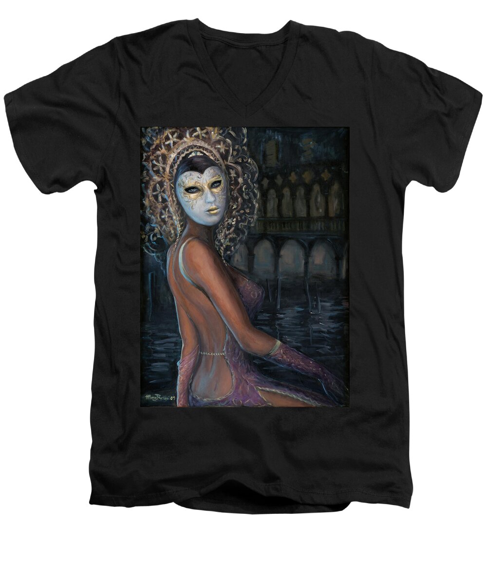 Mask Men's V-Neck T-Shirt featuring the painting Venetian Gold by Marco Busoni