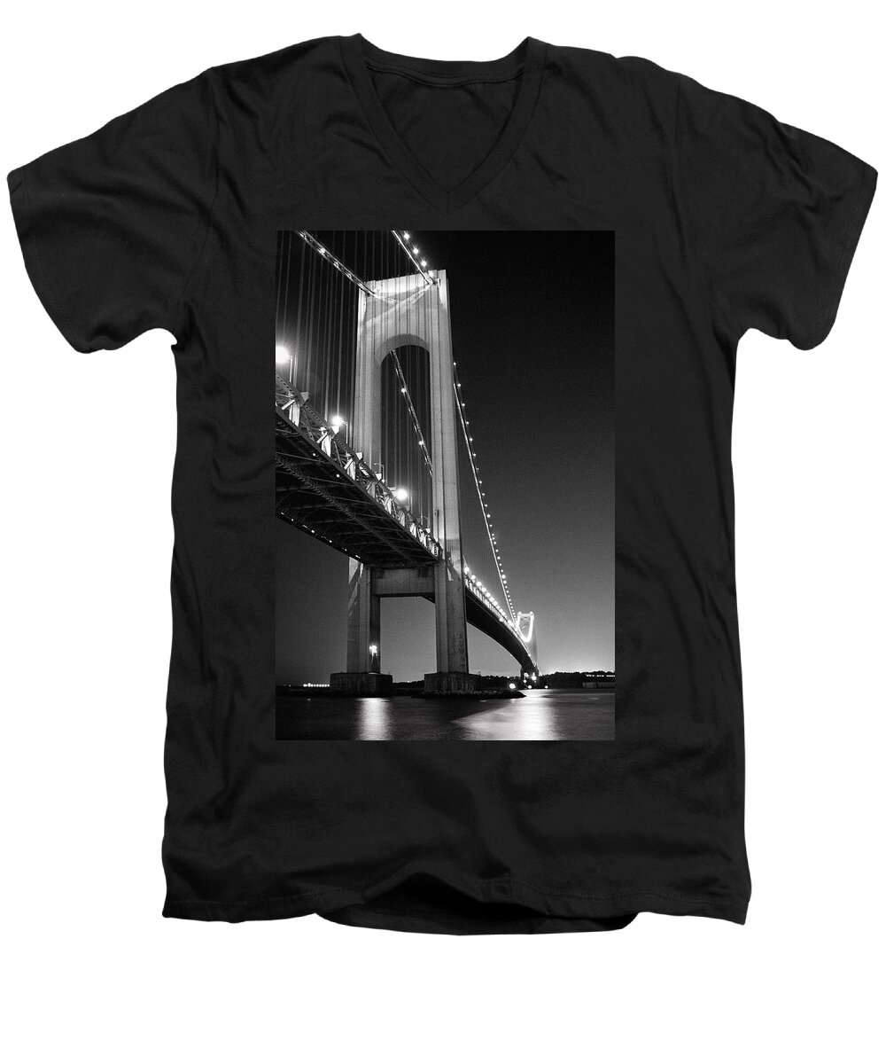 Verrazano Bridge Men's V-Neck T-Shirt featuring the photograph Verrazano Bridge at night - Black and White by Gary Heller