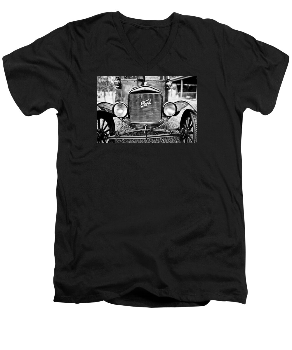 Ford Men's V-Neck T-Shirt featuring the photograph Vintage Ford in Black and White by Colleen Kammerer