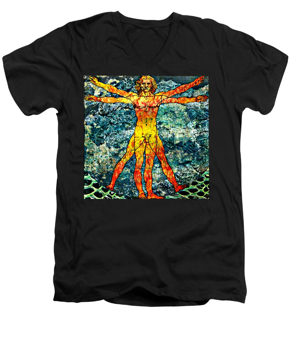 Vitruvian Man Men's V-Neck T-Shirt featuring the painting Vitruvian Future by Ally White