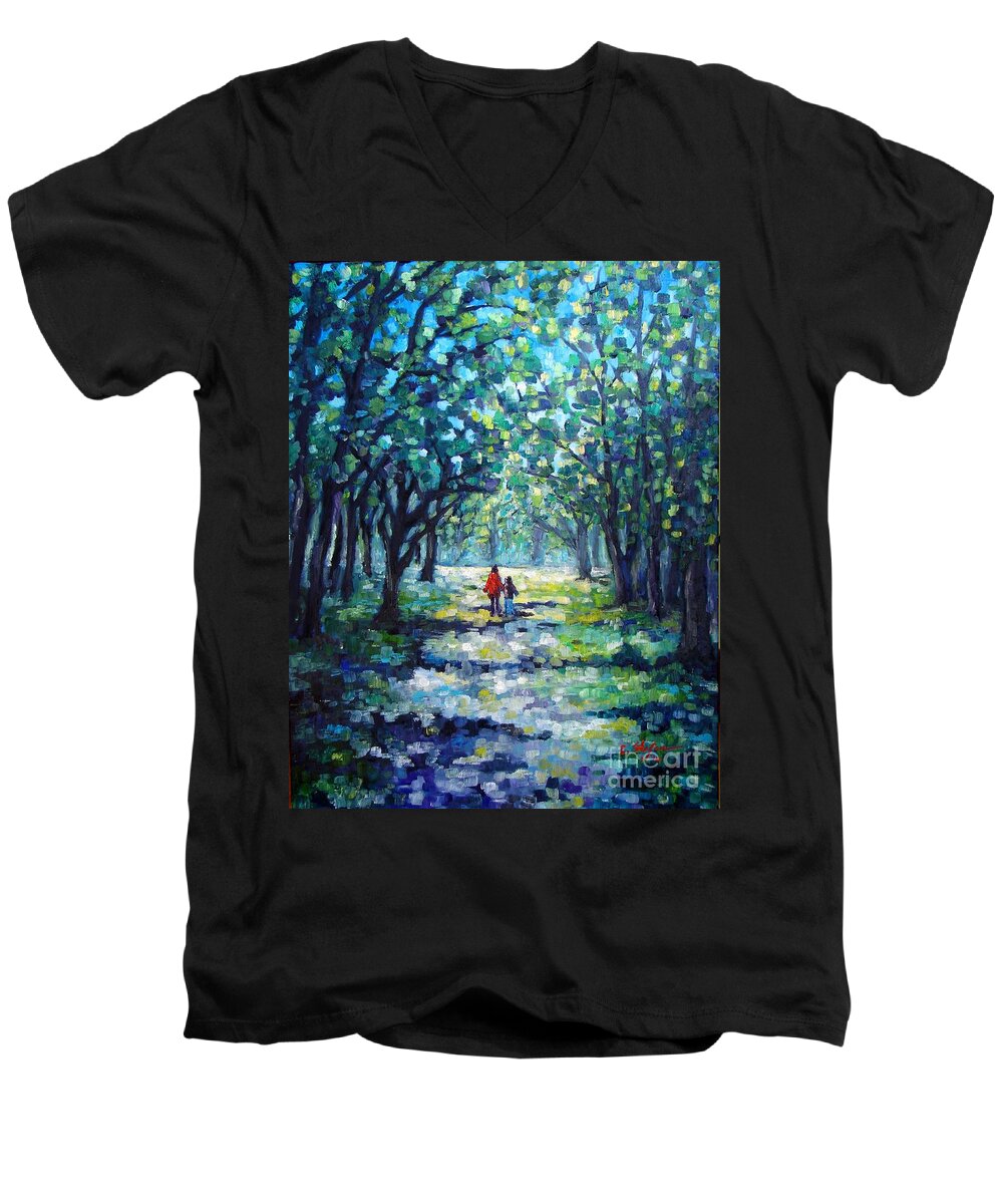 Painting Men's V-Neck T-Shirt featuring the painting Walking in the Park by Cristina Stefan