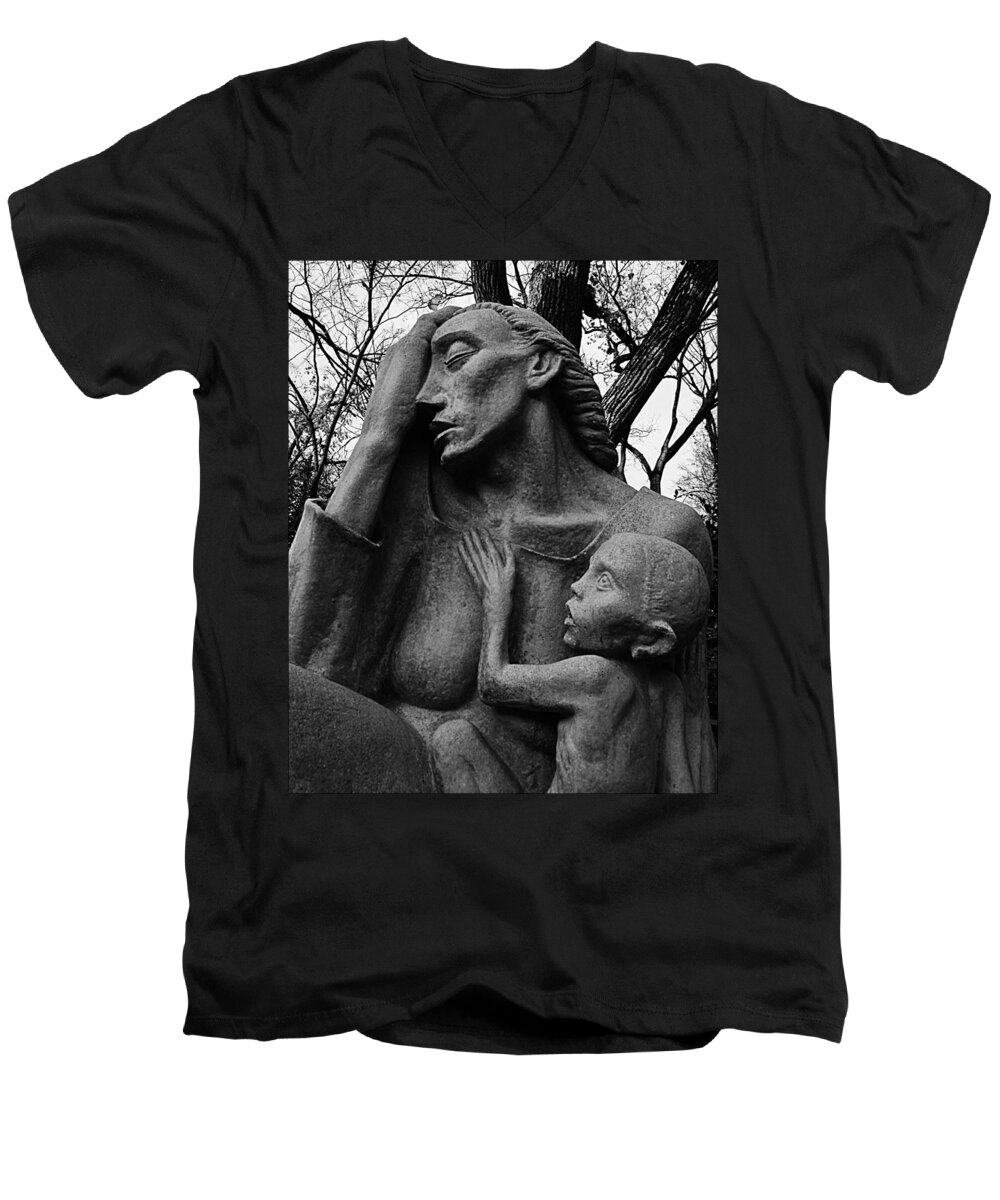 Charles Umlauf Men's V-Neck T-Shirt featuring the photograph War Mother by Charles Umlauf in Black and White by Gia Marie Houck