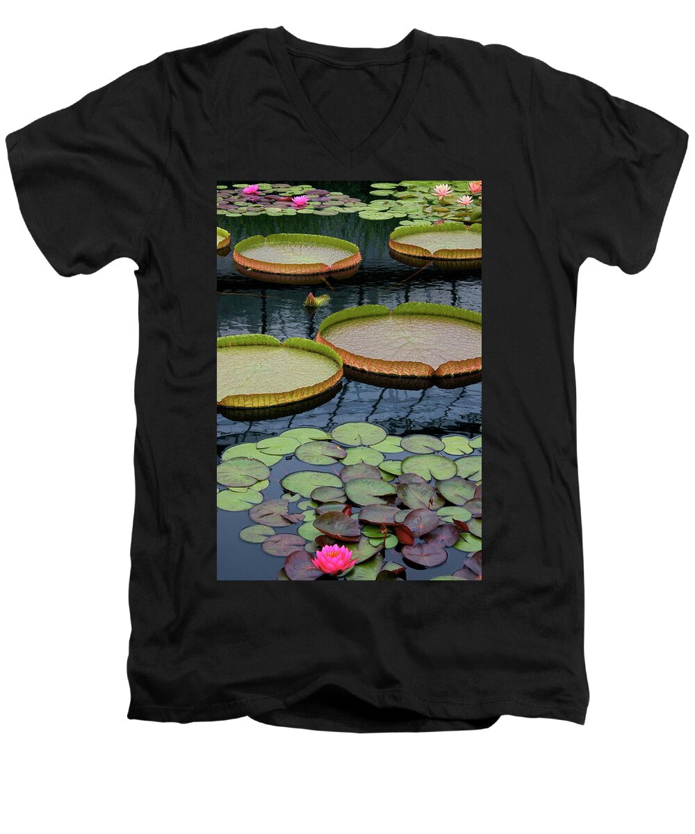 Aquatic Plants Men's V-Neck T-Shirt featuring the photograph Waterlilies and Platters 2 by Byron Varvarigos