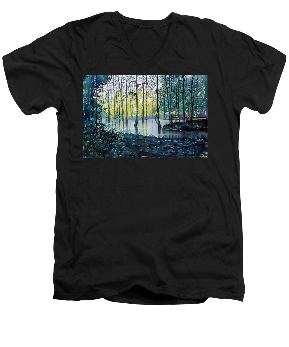 Glenn Marshall Men's V-Neck T-Shirt featuring the painting Wetlands on Skipwith Common by Glenn Marshall