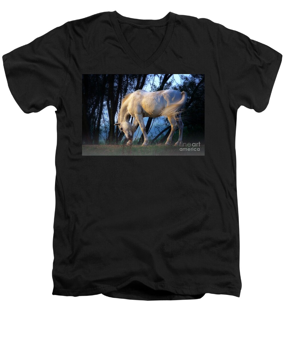 White Men's V-Neck T-Shirt featuring the photograph White horse in the early evening mist by Nick Biemans