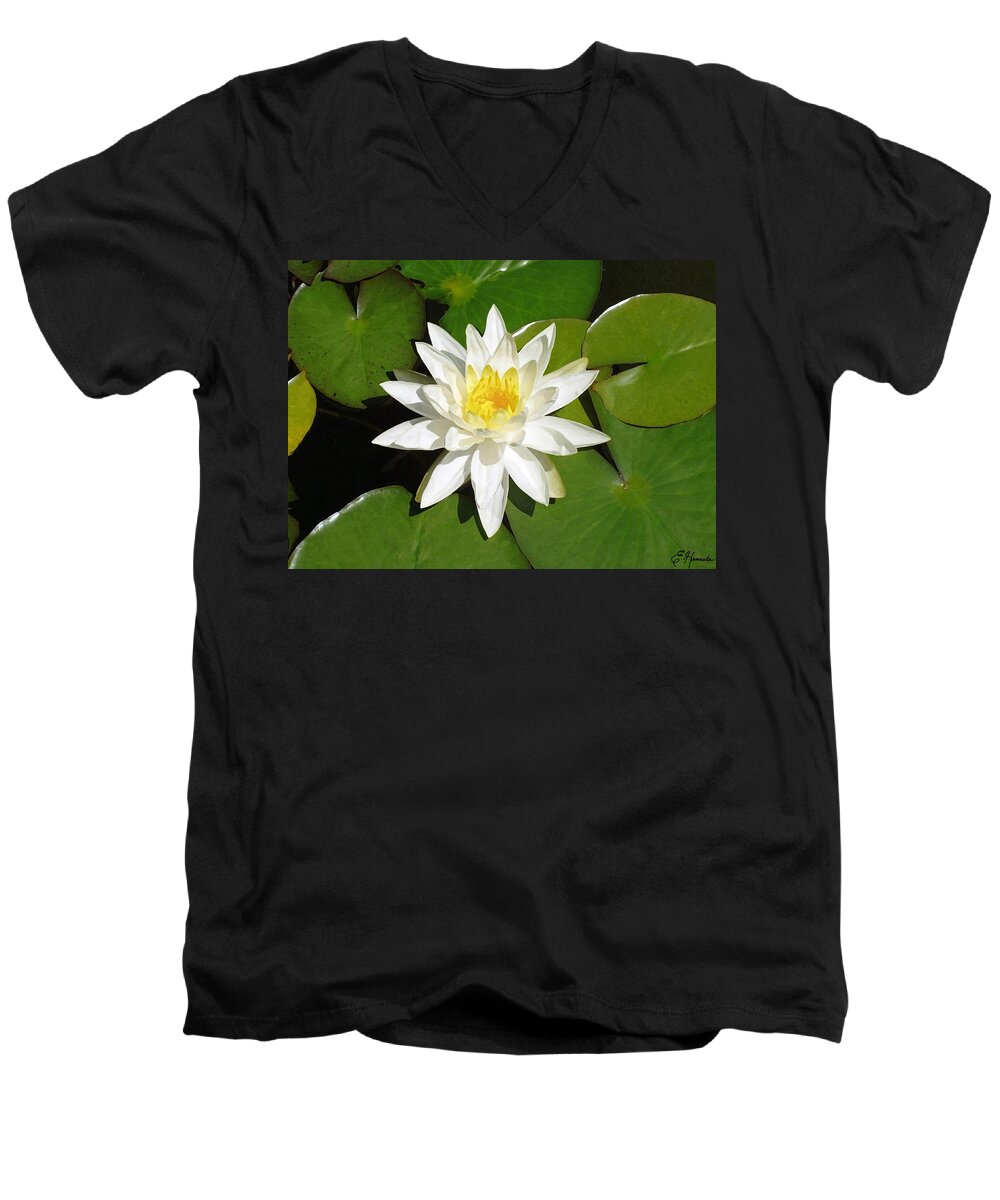 White Lotus Men's V-Neck T-Shirt featuring the painting White Lotus 1 by Ellen Henneke