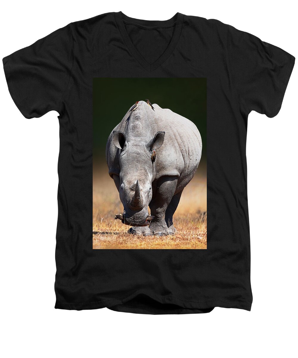 Rhinoceros Men's V-Neck T-Shirt featuring the photograph White Rhinoceros front view by Johan Swanepoel