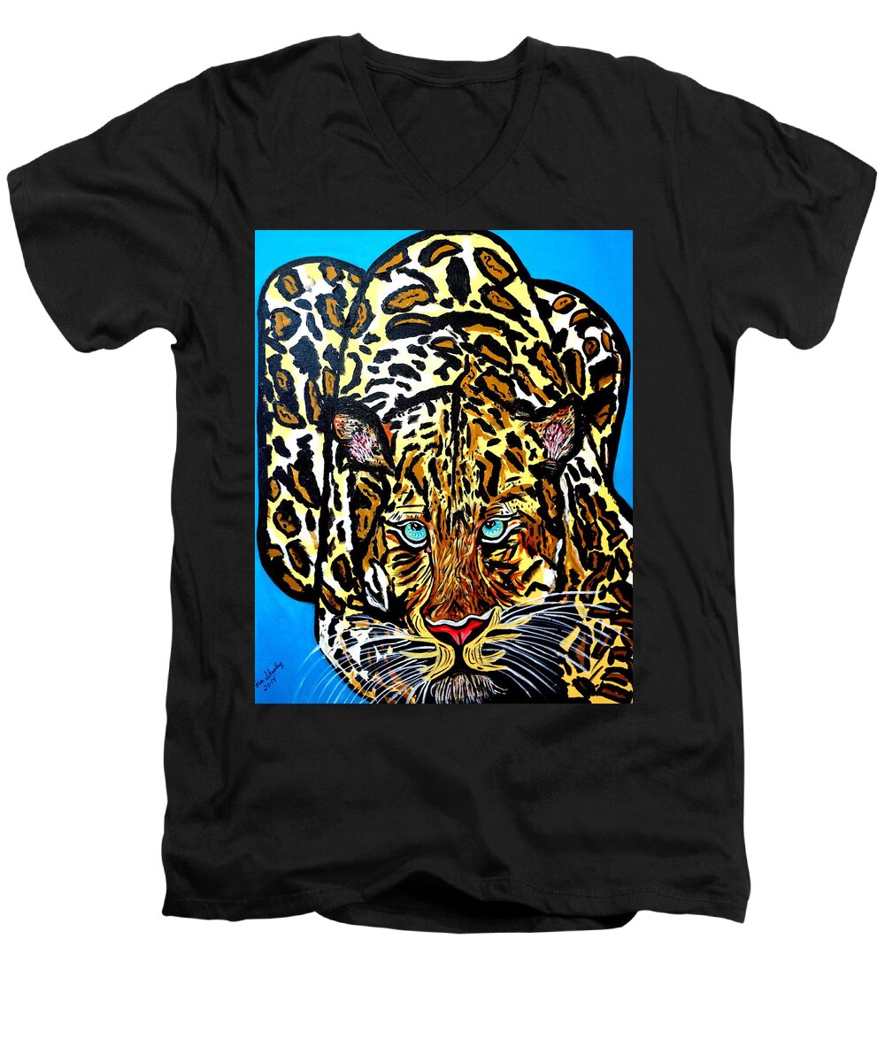 Wildcat Men's V-Neck T-Shirt featuring the painting Wild Cat by Nora Shepley