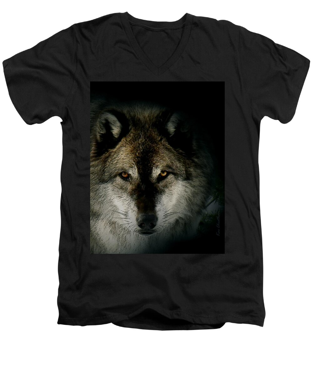 Wolf Men's V-Neck T-Shirt featuring the digital art Wolf in Shadow by Kae Cheatham