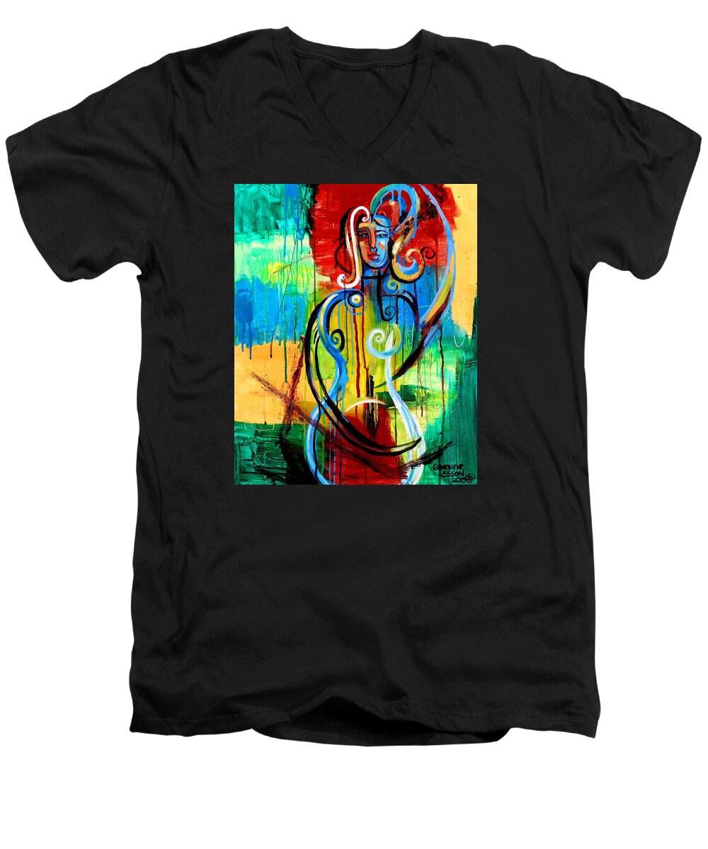Woman Men's V-Neck T-Shirt featuring the painting Woman Bass by Genevieve Esson