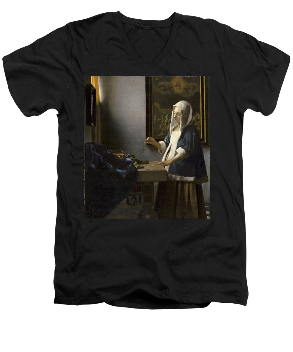 Vermeer Men's V-Neck T-Shirt featuring the painting Woman Holding a Balance by Johannes Vermeer