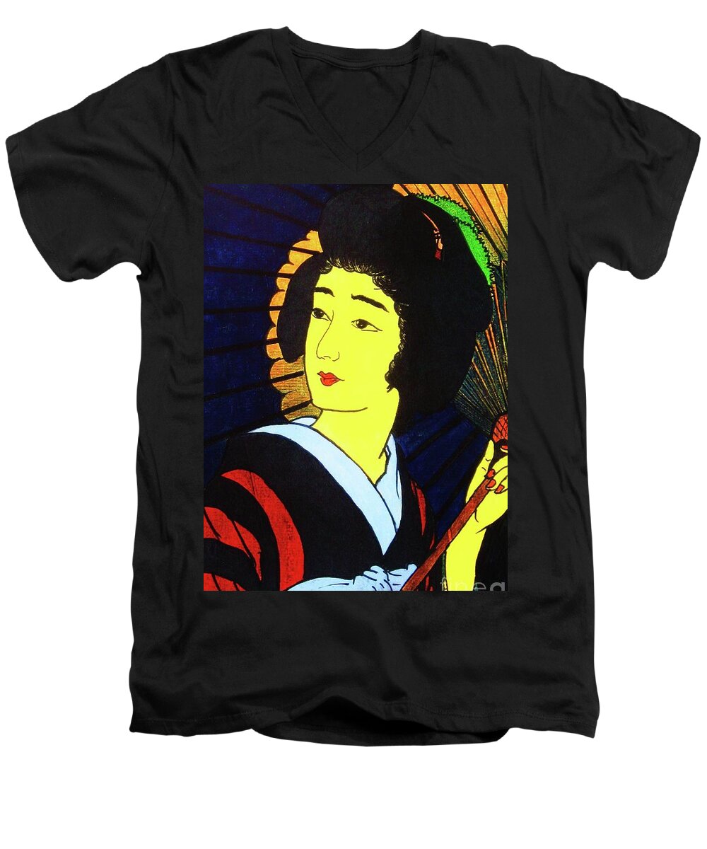 Figurative Men's V-Neck T-Shirt featuring the painting Yellow Moon Geisha by Thea Recuerdo