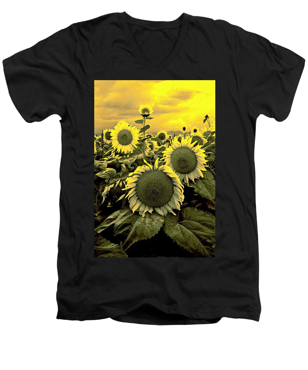 Mixed Media. Mixed Media Photography. Mixed Media Digtal Flowers. Digtal Photography. Abstact Photography. Fine Art Digtal Photography. Digtal Flower Photography. Sunflower Digtal Photography. Mixed Media Sunflower Photography. Summer Sunflowers. Digtal Sunflower Greeting Cards. Sunflower Greeting Cards. Men's V-Neck T-Shirt featuring the photograph Yellow Sky Yellow Flowers. by James Steele