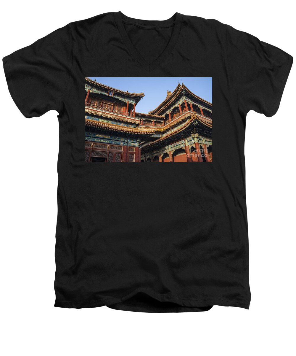 Ancient Men's V-Neck T-Shirt featuring the photograph Yonghe Temple AKA Lama Temple in China by Bryan Mullennix