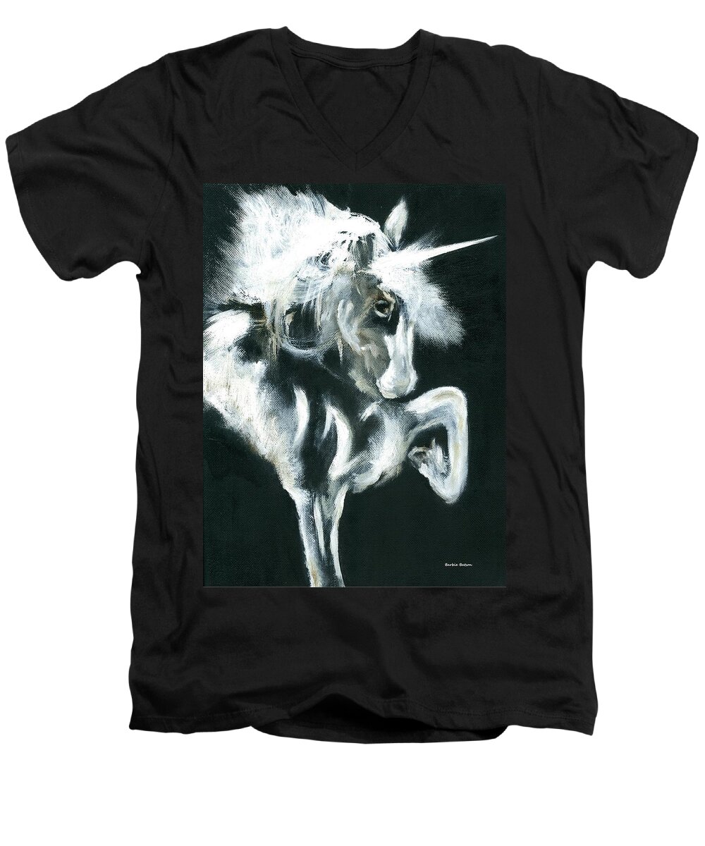 Unicorn Men's V-Neck T-Shirt featuring the painting Unicorn by Barbie Batson