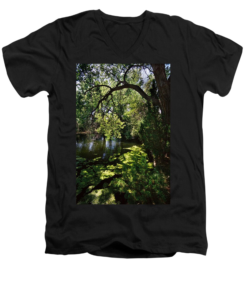 Santa Fe Men's V-Neck T-Shirt featuring the photograph Lake With Cottonwoods by Ron Weathers