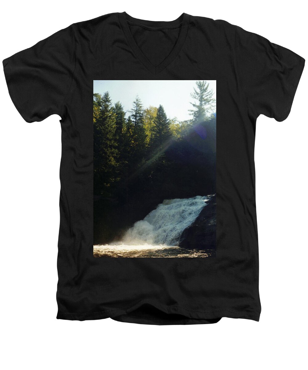 Sunlight Men's V-Neck T-Shirt featuring the photograph Morning Waterfall #1 by Stacy C Bottoms