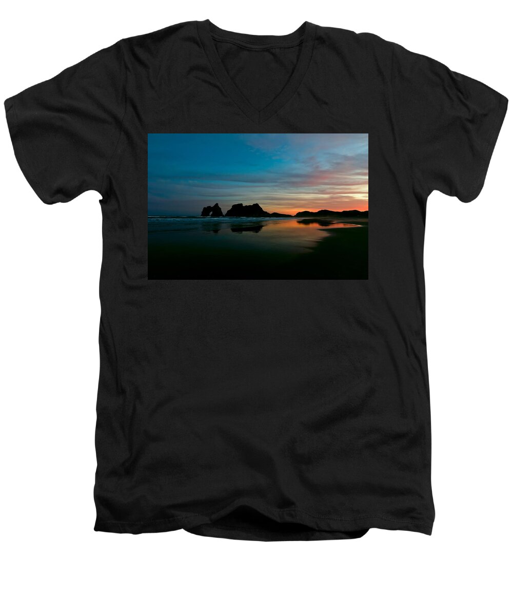 Background Men's V-Neck T-Shirt featuring the photograph Golden morning at a beach #2 by U Schade