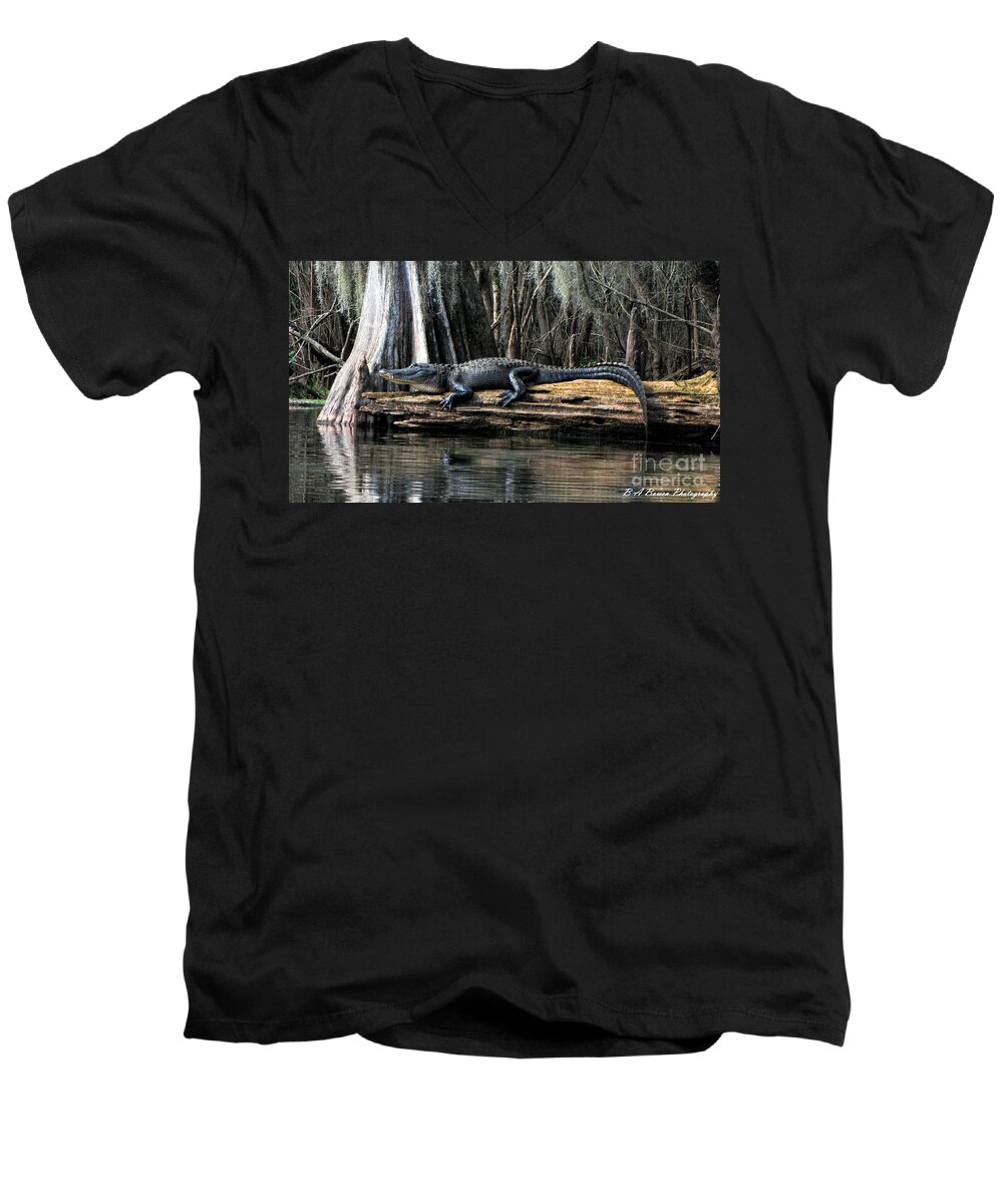 American Alligator Men's V-Neck T-Shirt featuring the photograph Alligator Sunning by Barbara Bowen
