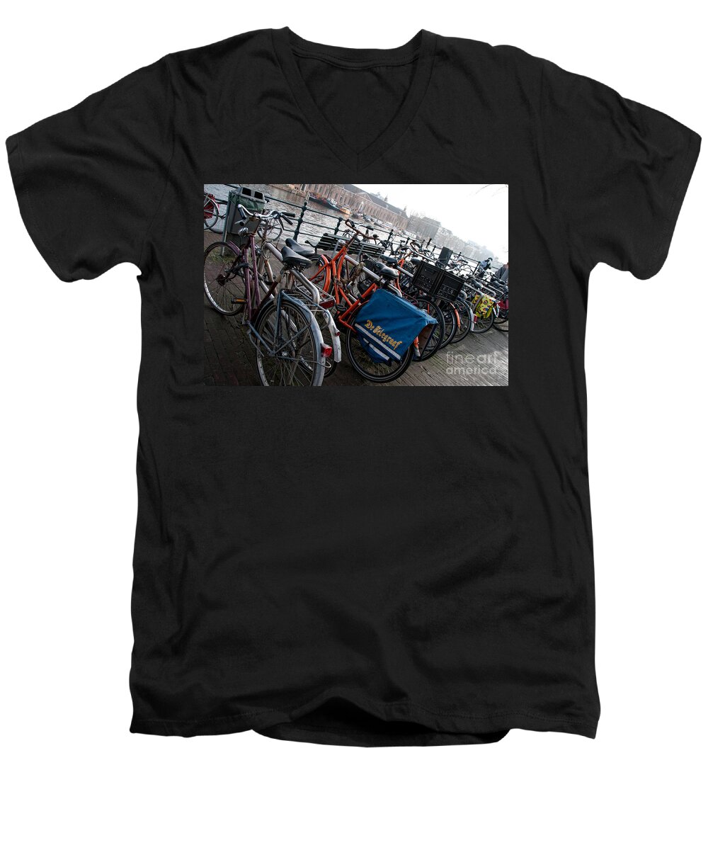 Along The River Men's V-Neck T-Shirt featuring the digital art Bikes in Amsterdam by Carol Ailles