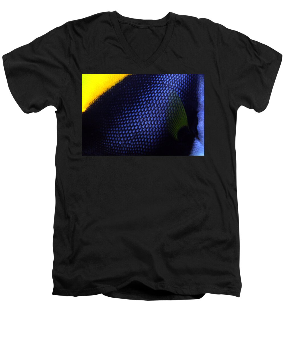 Waikiki Aquarium Men's V-Neck T-Shirt featuring the photograph Blue and Yellow Scales by Jennifer Bright Burr