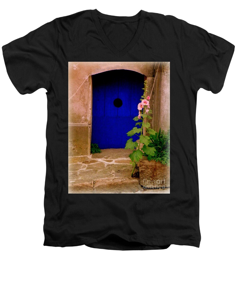 Door Men's V-Neck T-Shirt featuring the photograph Blue Door and Pink Hollyhocks by Lainie Wrightson