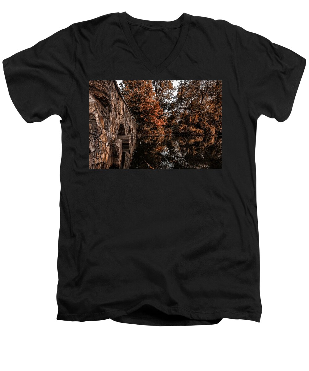 Bridge Lake River Water Creek Pond Tree Trees Leaf Leaves Orange Red Brown Yellow Yellowism Calm Reflection Reflect Stone Rock Sky Stage Staging Real Estate Sell House Decorate Men's V-Neck T-Shirt featuring the photograph Bridge to Autumn by Tom Gort