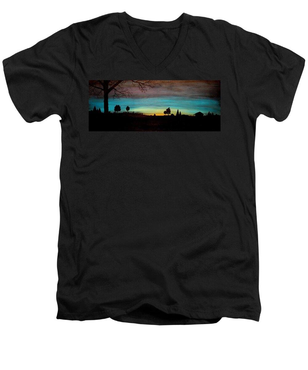 Sunset Men's V-Neck T-Shirt featuring the painting Brock's Cabin by Todd Hoover