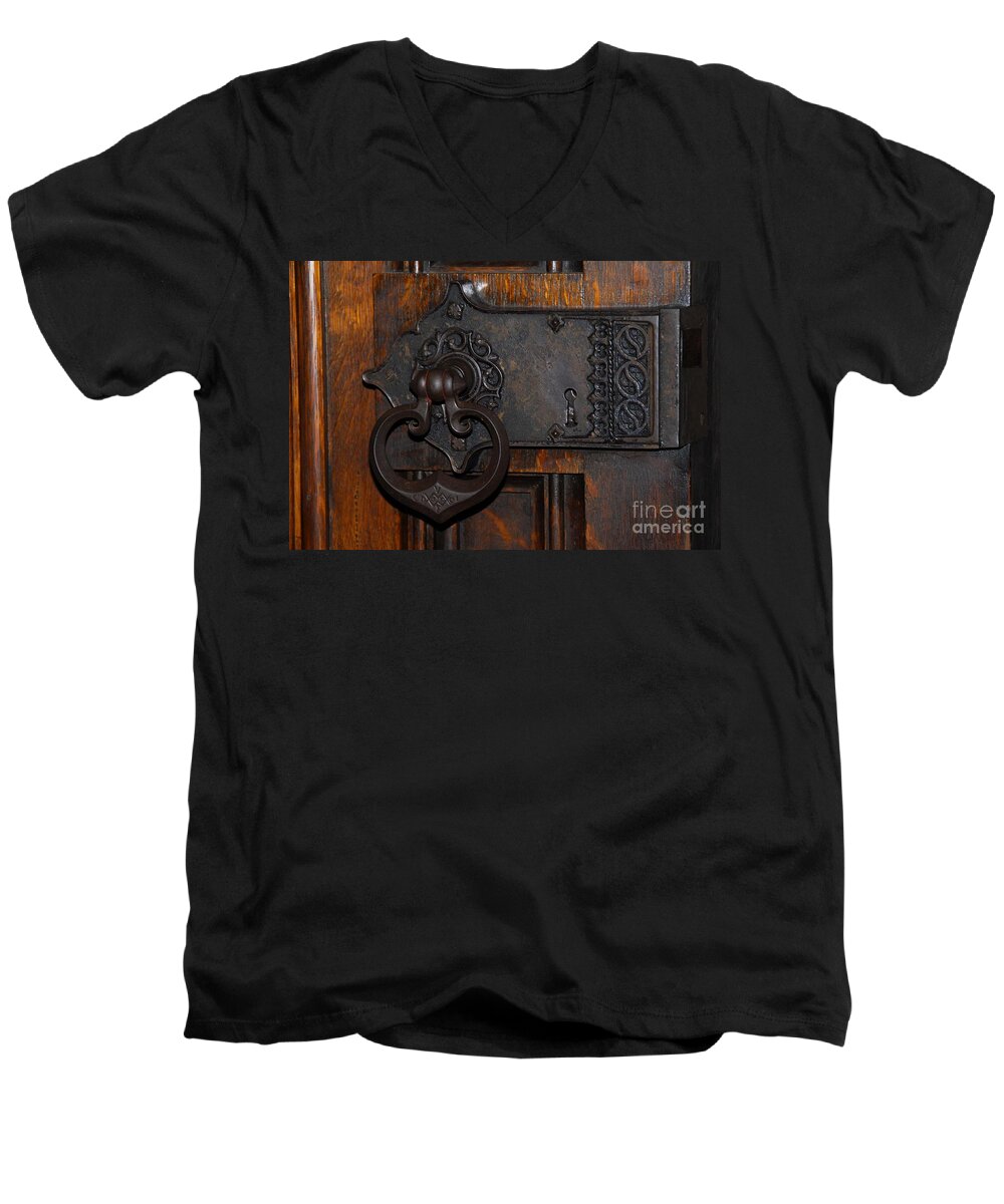 Doors Men's V-Neck T-Shirt featuring the photograph Chapel Door by Cindy Manero