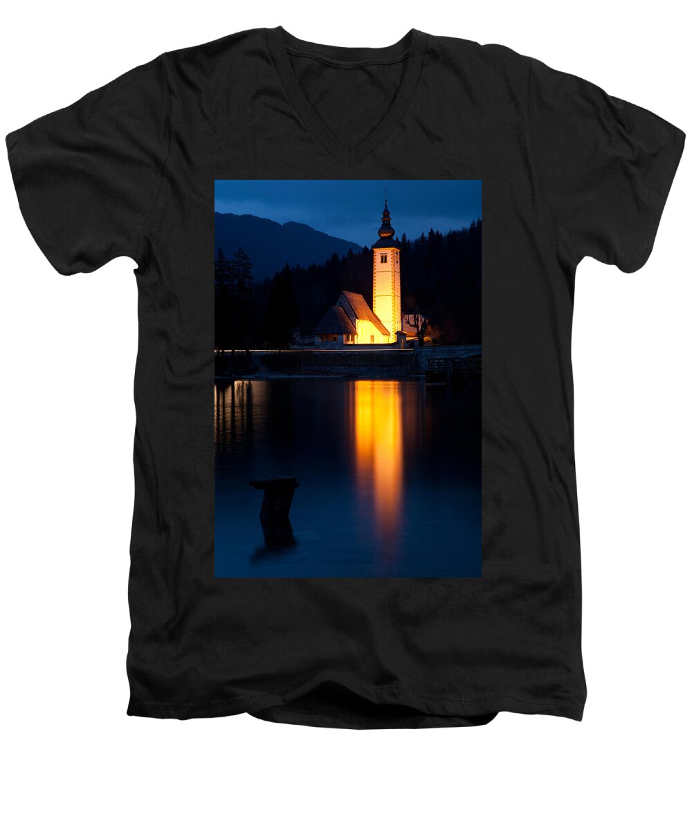 Bohinj Men's V-Neck T-Shirt featuring the photograph Church at dusk by Ian Middleton
