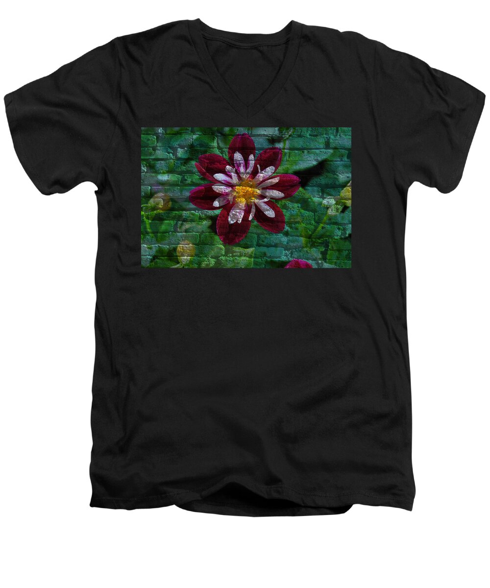 Flora Men's V-Neck T-Shirt featuring the mixed media Crazy flower over brick by Eric Liller