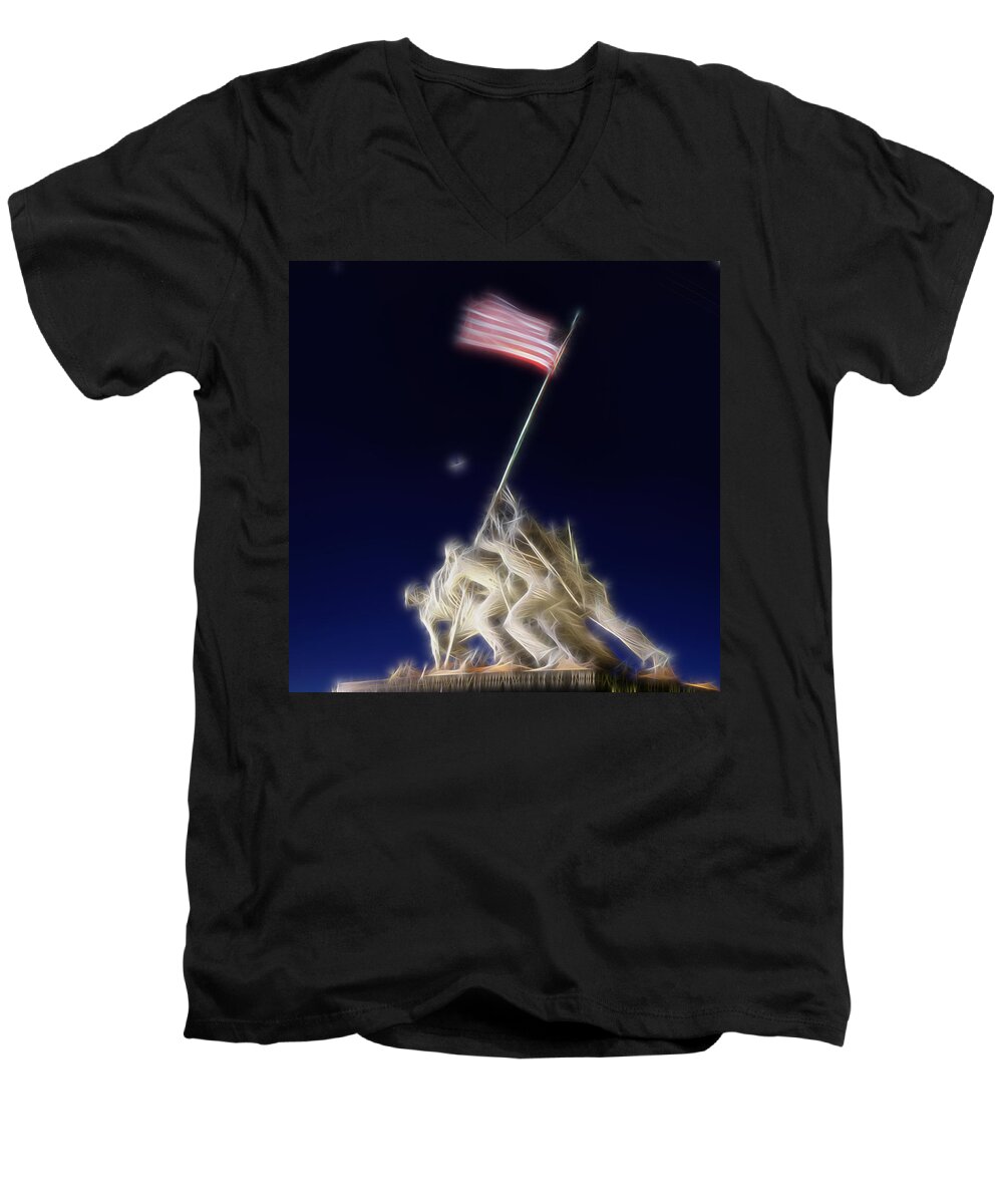 Iwo Men's V-Neck T-Shirt featuring the photograph Digital Lightening - Iwo Jima Memorial by Metro DC Photography