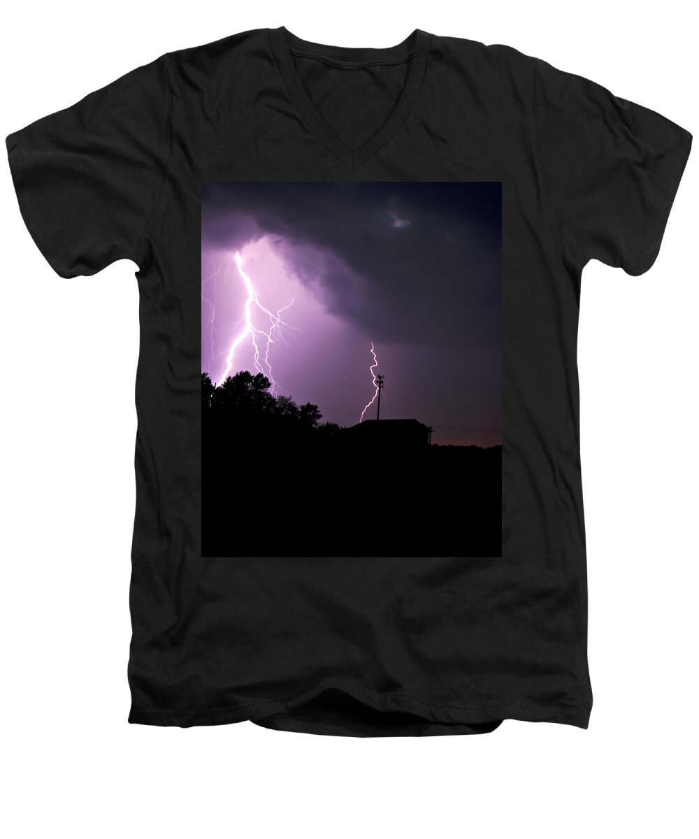 Lightning Men's V-Neck T-Shirt featuring the photograph Electrifying Sky by Scott Wood