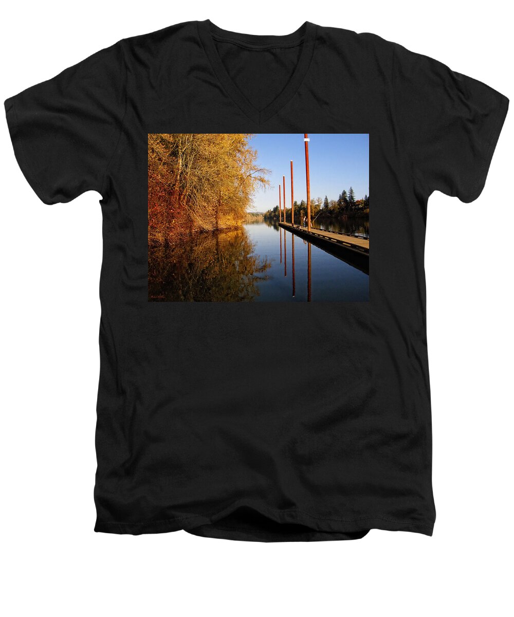 Pier Men's V-Neck T-Shirt featuring the photograph Fall Pier by Wendy McKennon