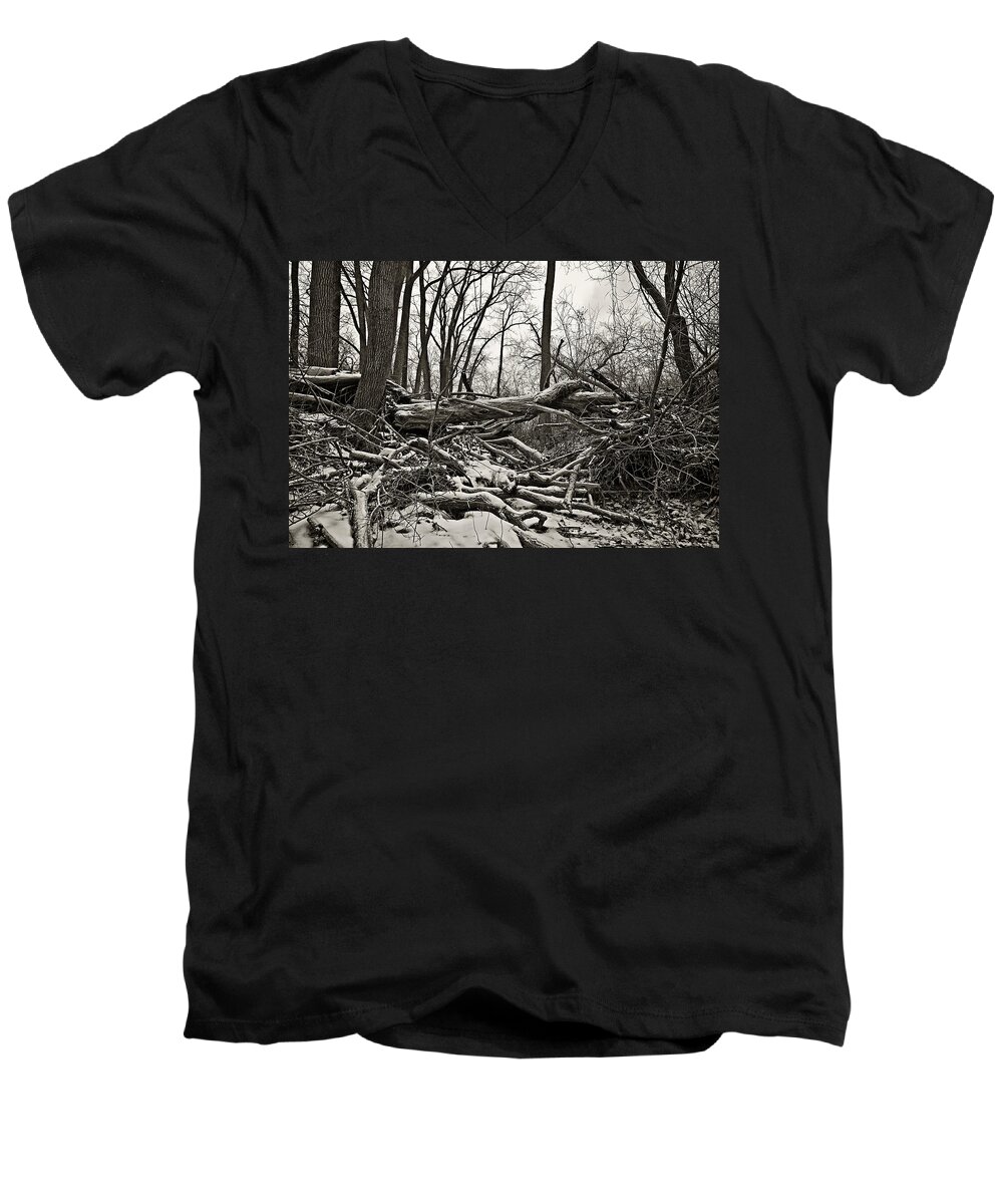 Monochrome Men's V-Neck T-Shirt featuring the photograph Fallen Soldiers of the Forest by CJ Schmit
